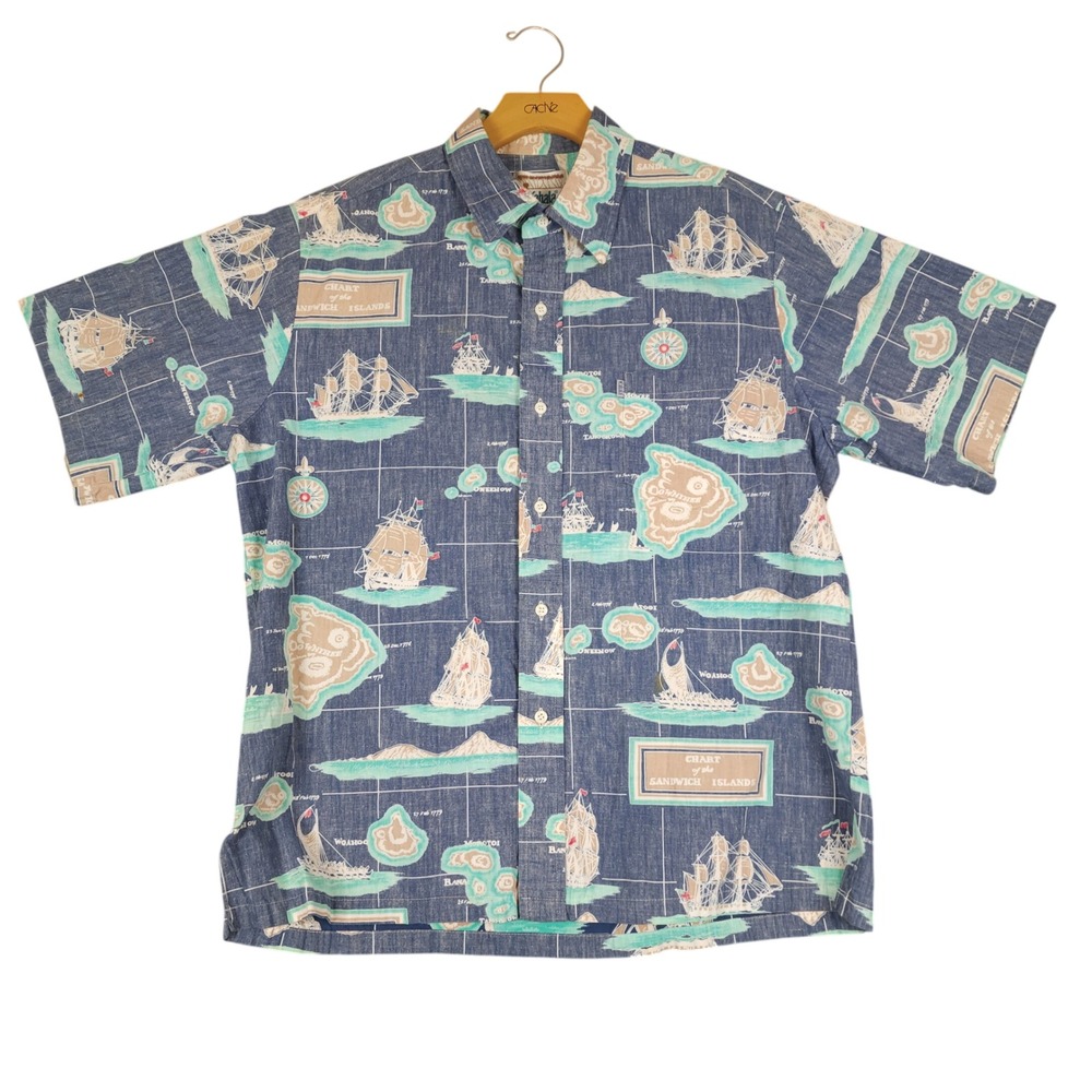 Kahala Hawaiian Shirt Nautical Map‎ Sailing Ships Islands Men's L Short Sleeve